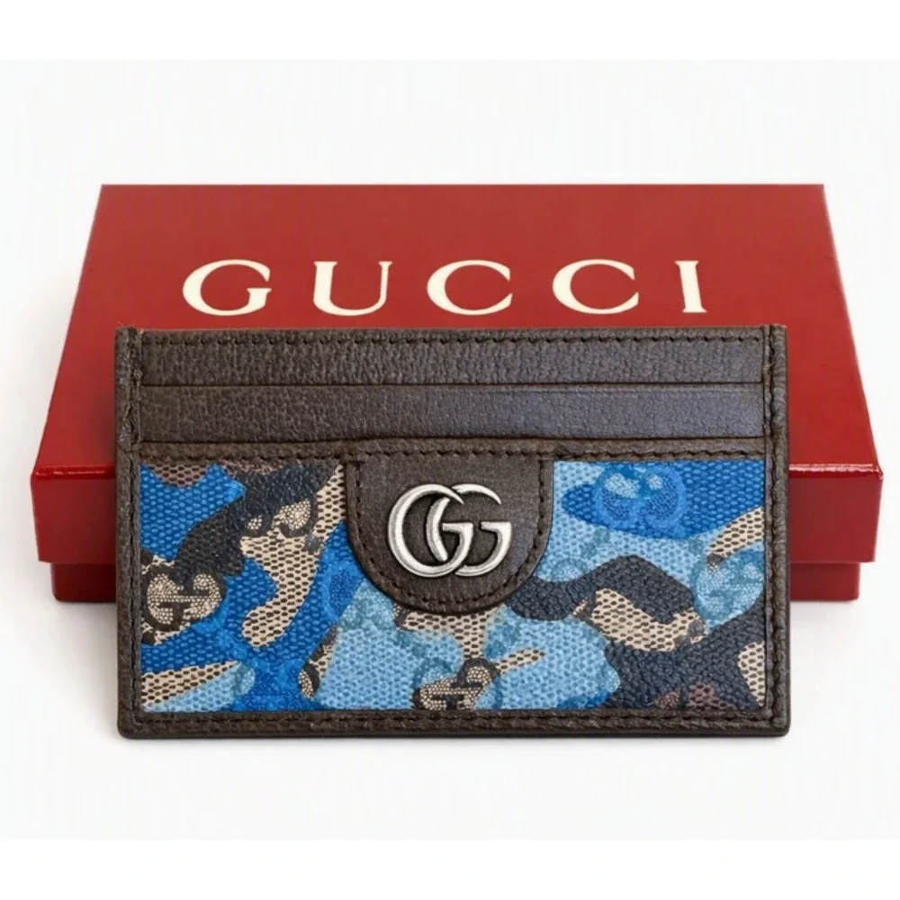 Gucci 834795 Brown Leather Blue Camo GG Supreme Canvas Card Holder Wallet